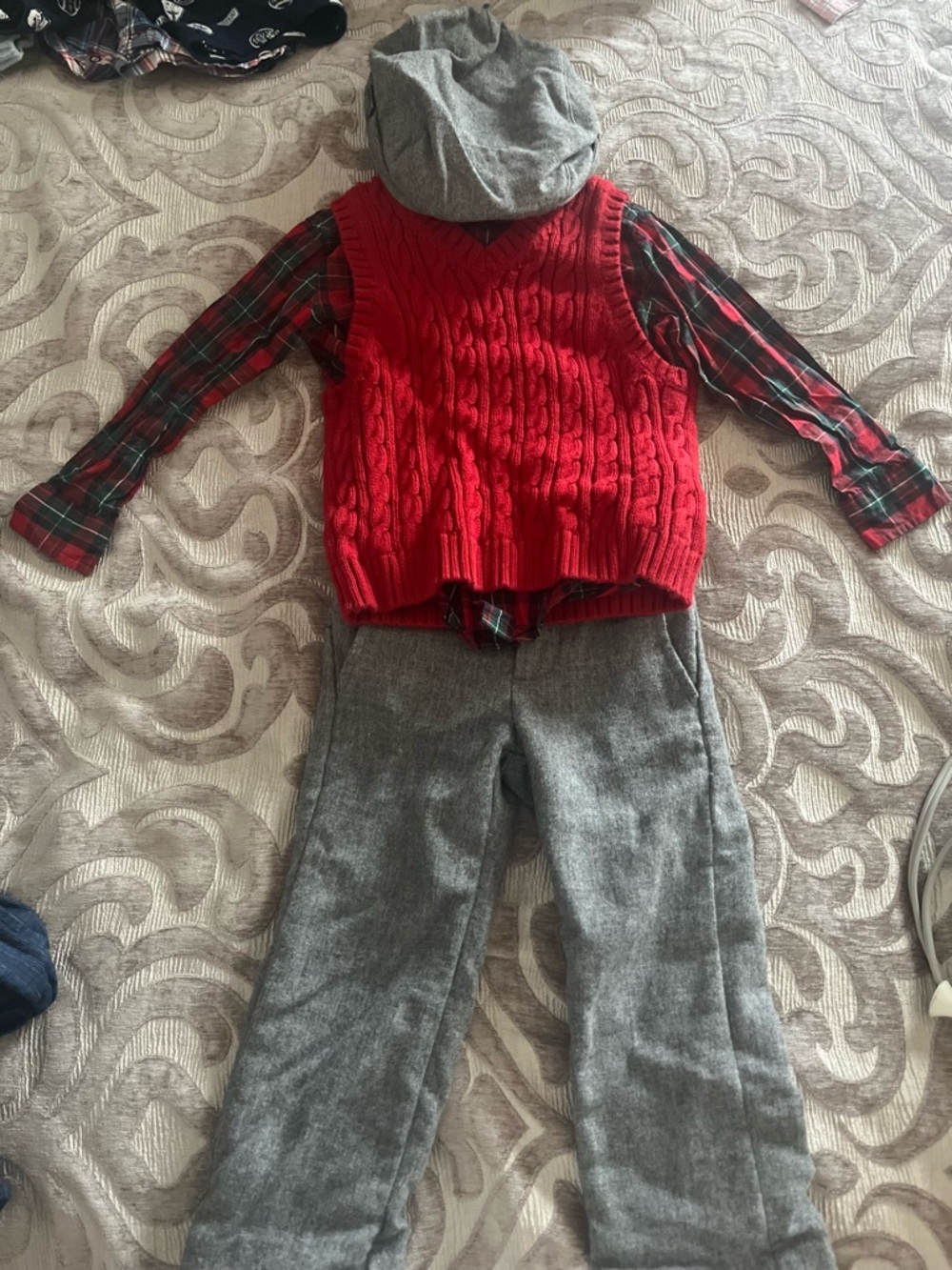 Janie and Jack Red Cable-Knit Vest with Green & Red Plaid Shirt